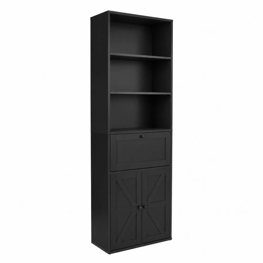 Scaffale in Legno Nero con Ante e Cassetto 180x60x35 cm