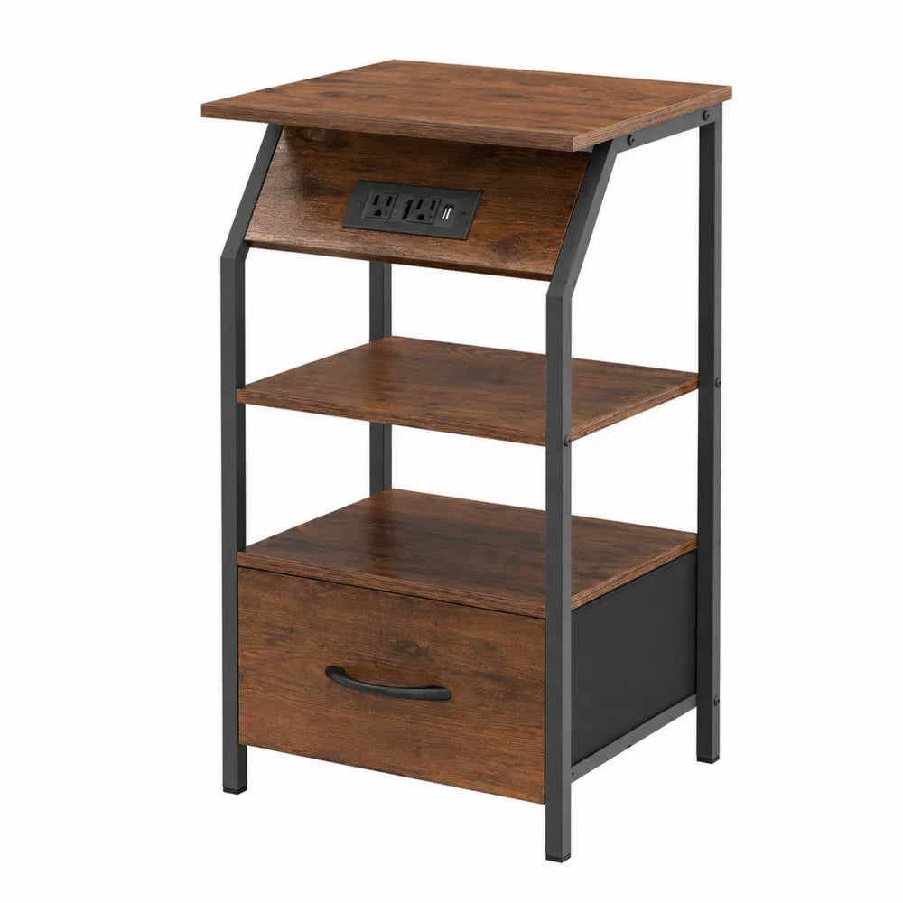 Comodino in legno e metallo con prese integrate, 40x30x60 cm