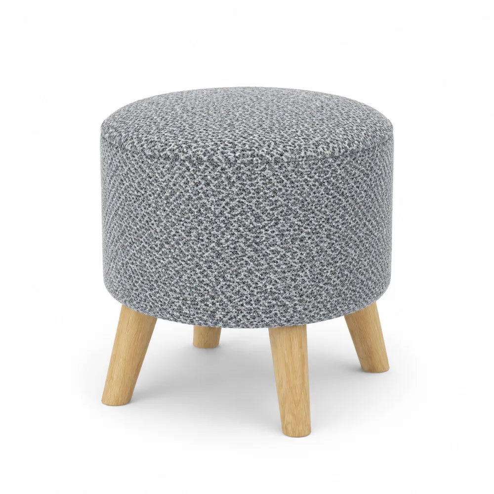 Sgabello in tessuto grigio con gambe in legno
