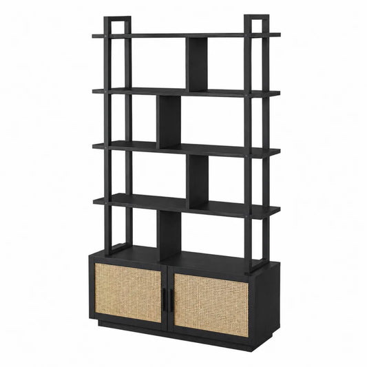 Libreria in Legno Nero con Ante in Rattan