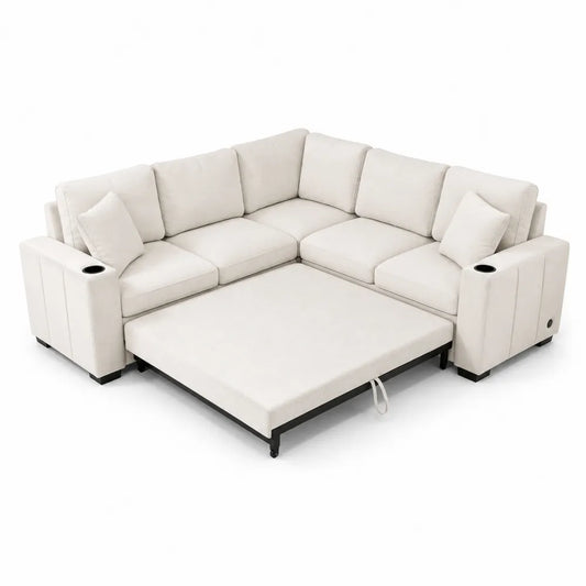 Divano Angolare con Letto Estensibile e Porta Bicchieri in Tessuto Beige