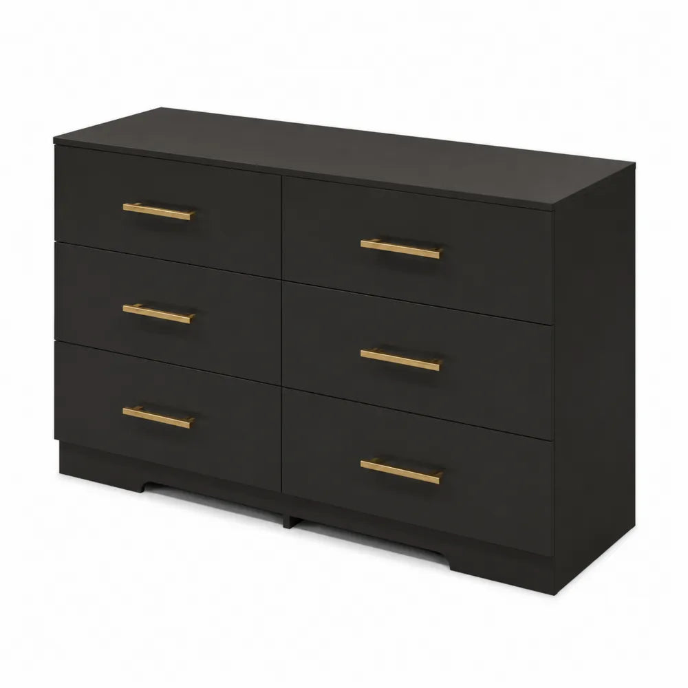 Cassettiera in legno nero con 6 cassetti e maniglie in metallo dorato