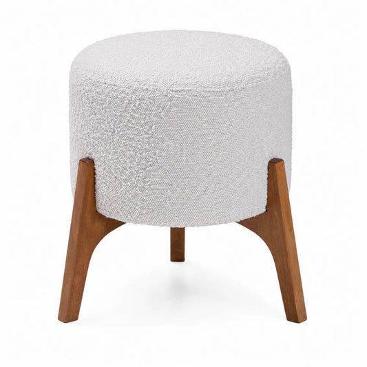 Sgabello rotondo in tessuto bouclé con gambe in legno di noce