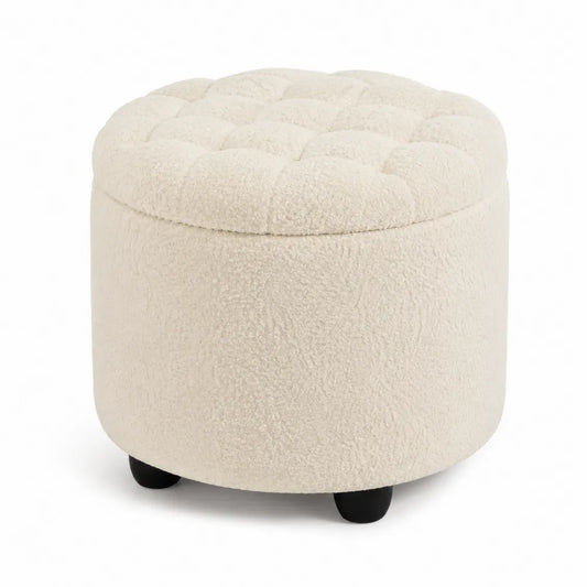Pouf rotondo in tessuto bouclé crema