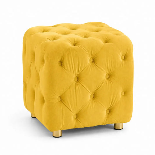 Pouf quadrato in velluto giallo con bottoni
