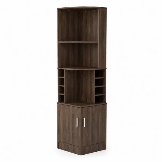 Libreria angolare in legno con scaffali e armadietto